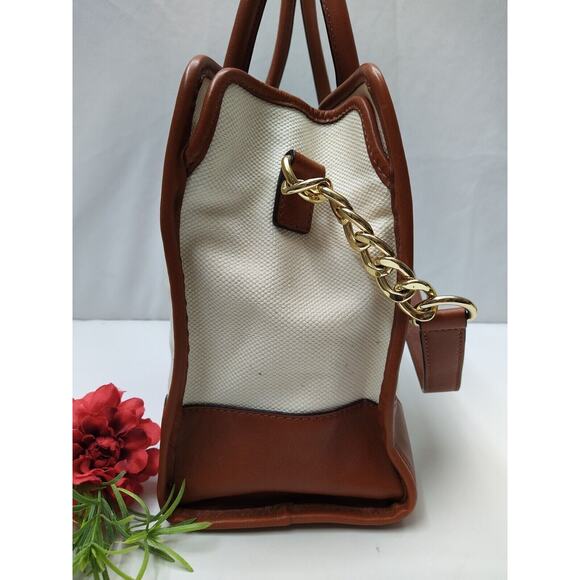 Michael Kors Hamilton Ivory Canvas Leather Trim Red Stripe Satchel Shoulder Bag - Picture 4 of 14